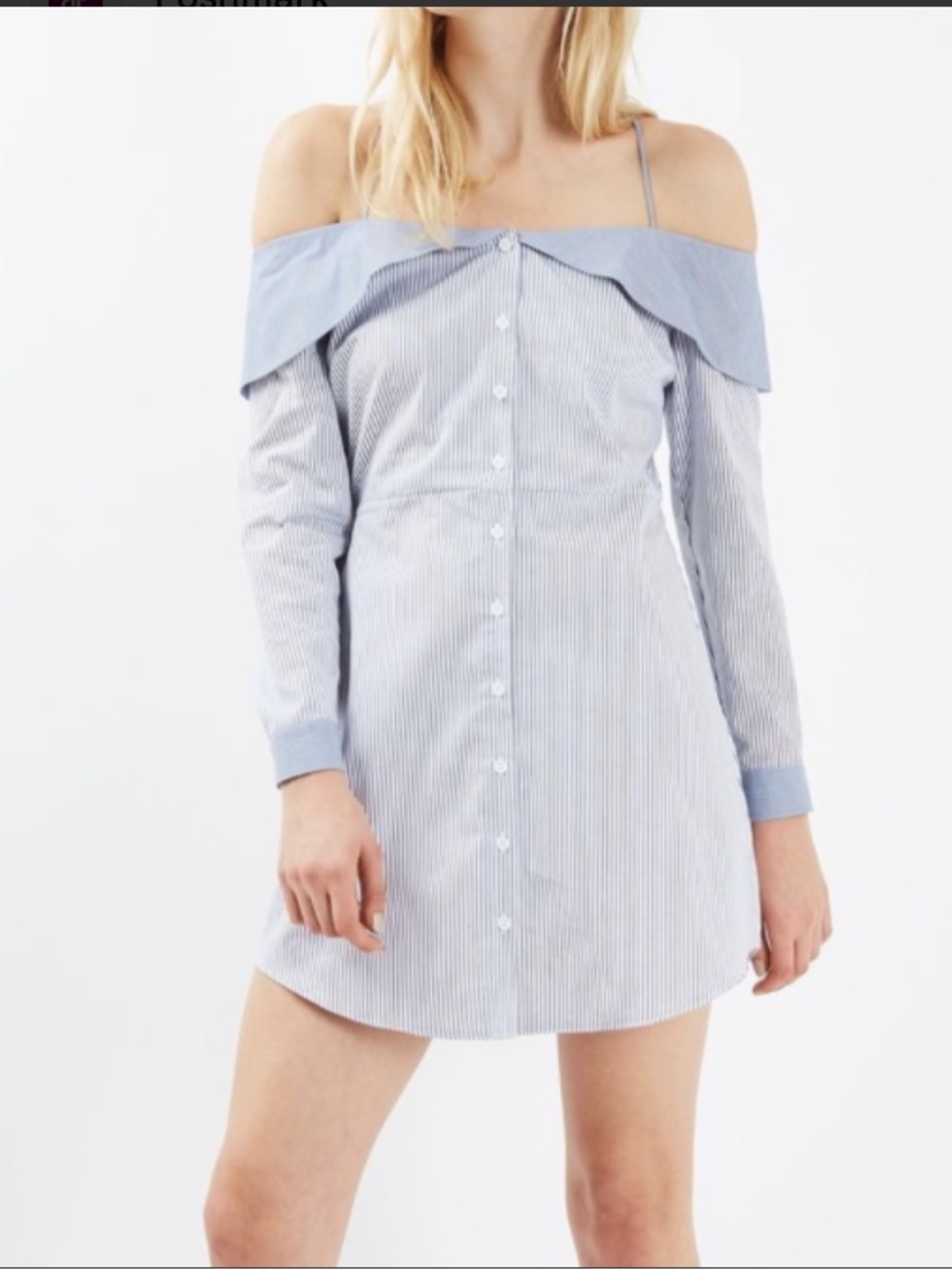 Topshop Blue and White Off-Shoulder Striped Mini Dress